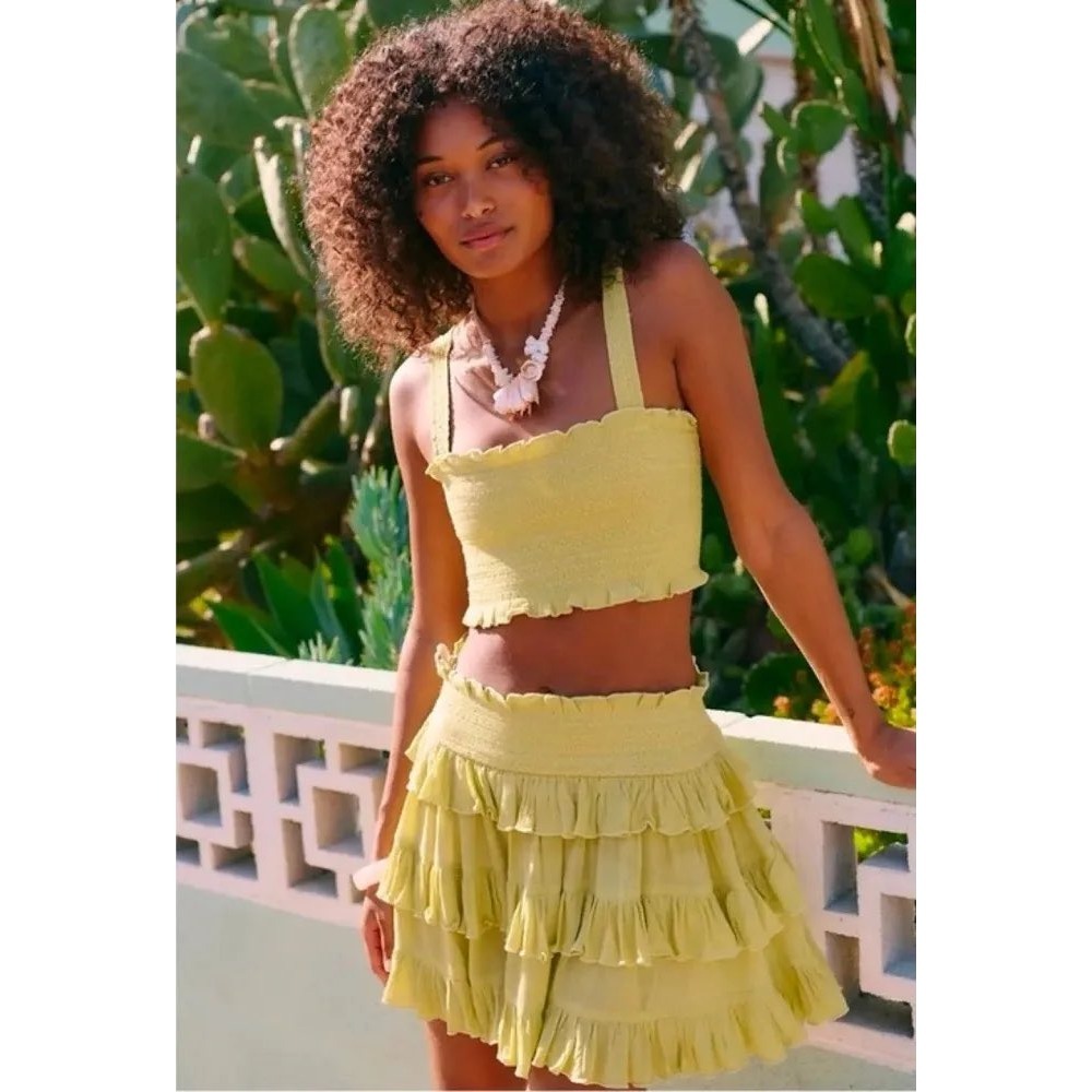 Free People Thalia Skirt Set Yellow Smocked Crop Top Ruffle Tiered Mini Skirt L